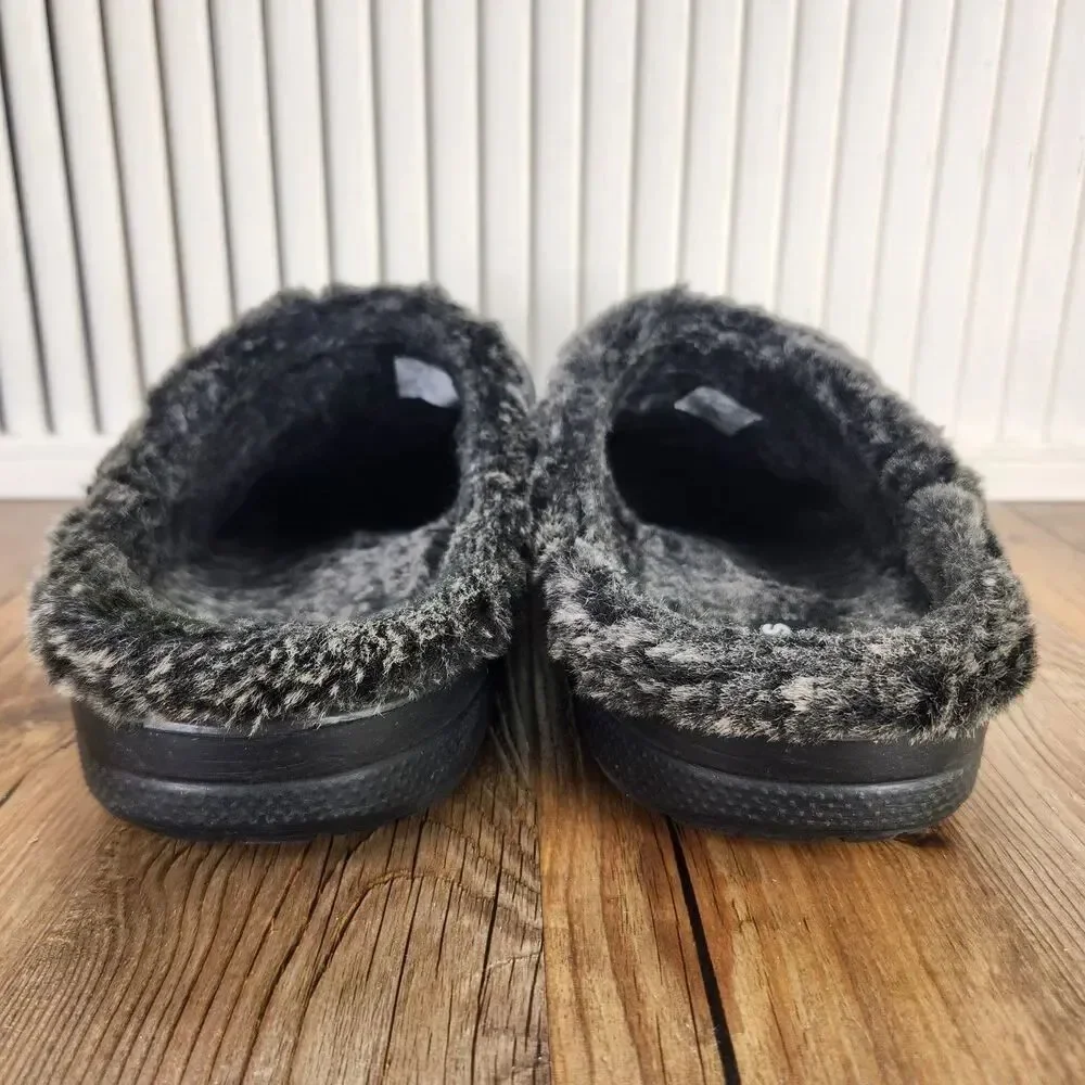 Crocs Baya Lined Clogs Mens Sz 9 Black Faux Fur Fleece Lining Slip On Shoes